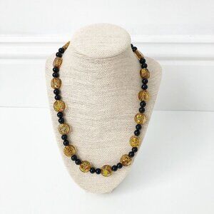 NWT Genuine Murano Glass & Black Onyx Beaded Necklace Yellow Black